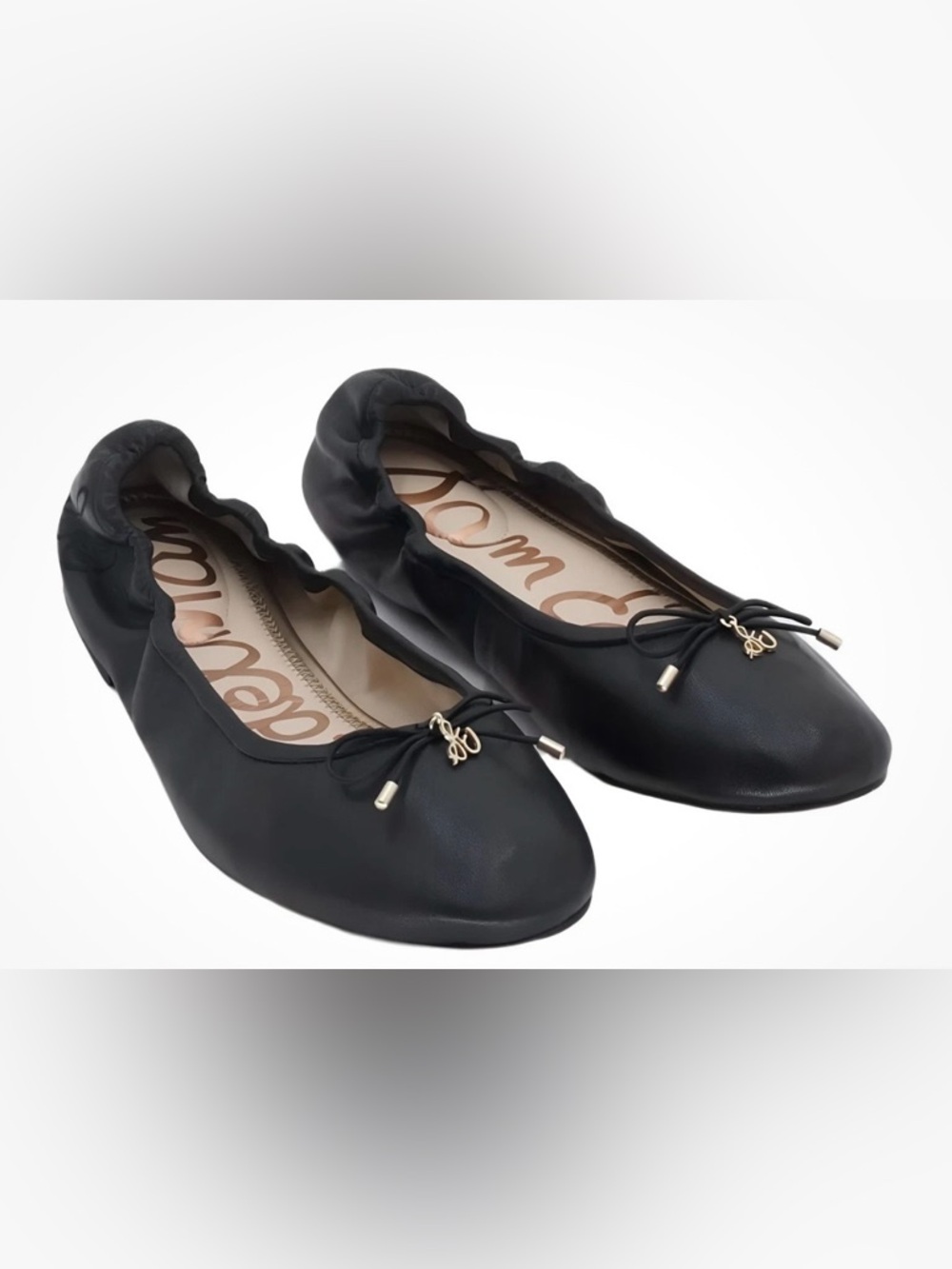 Sam Edelman Black Ruffle-Edge Ballet Flats with Bow and Gold Charm